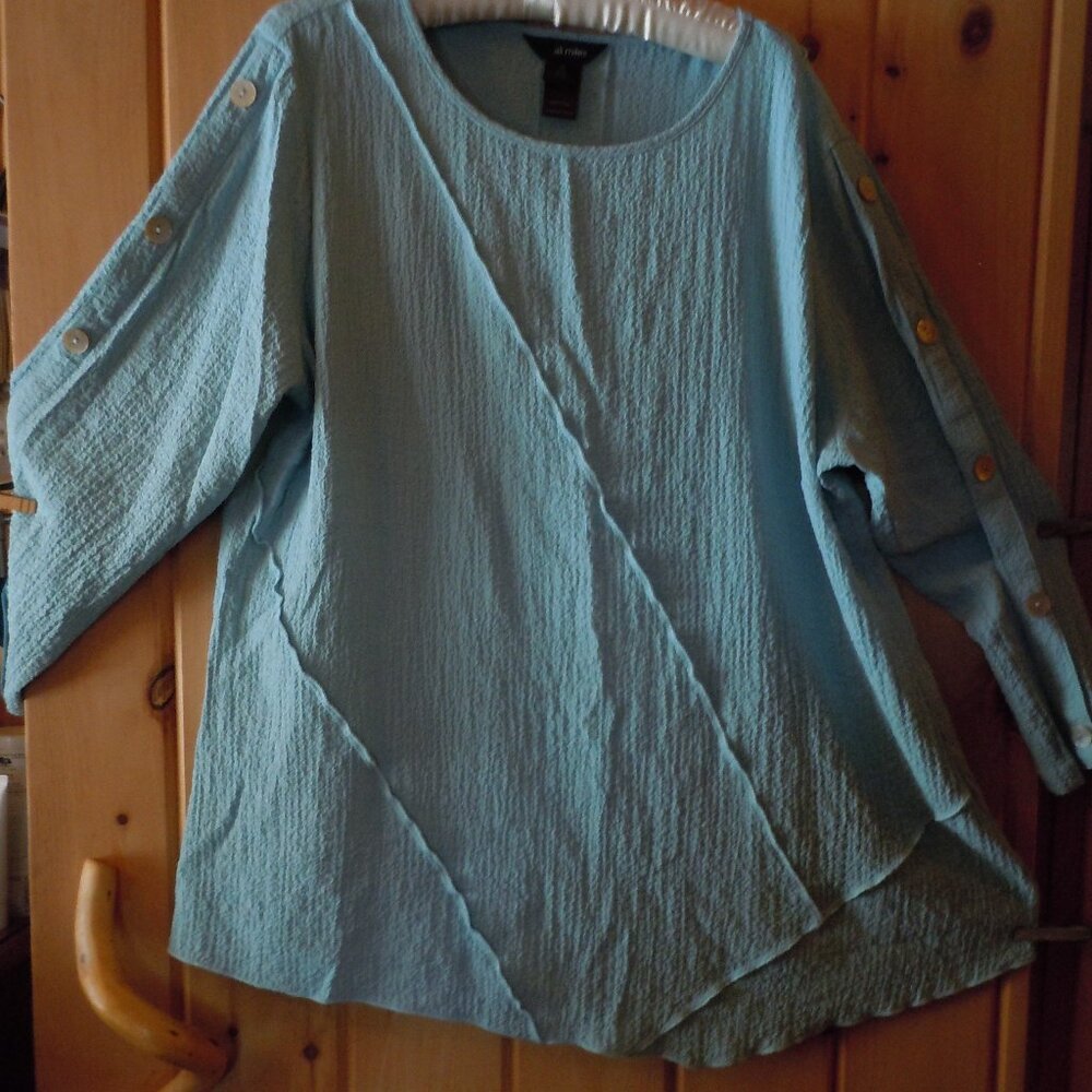 ALI MILES CRINKLE TUNIC 1X SEA GLASS BLUE SCOOP NECK 3/4 SLEEVE MOTHER OF PEARL